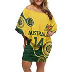 Custom Australia Boomers Off Shoulder Short Dress Aboriginal With Marble Pattern - Yellow