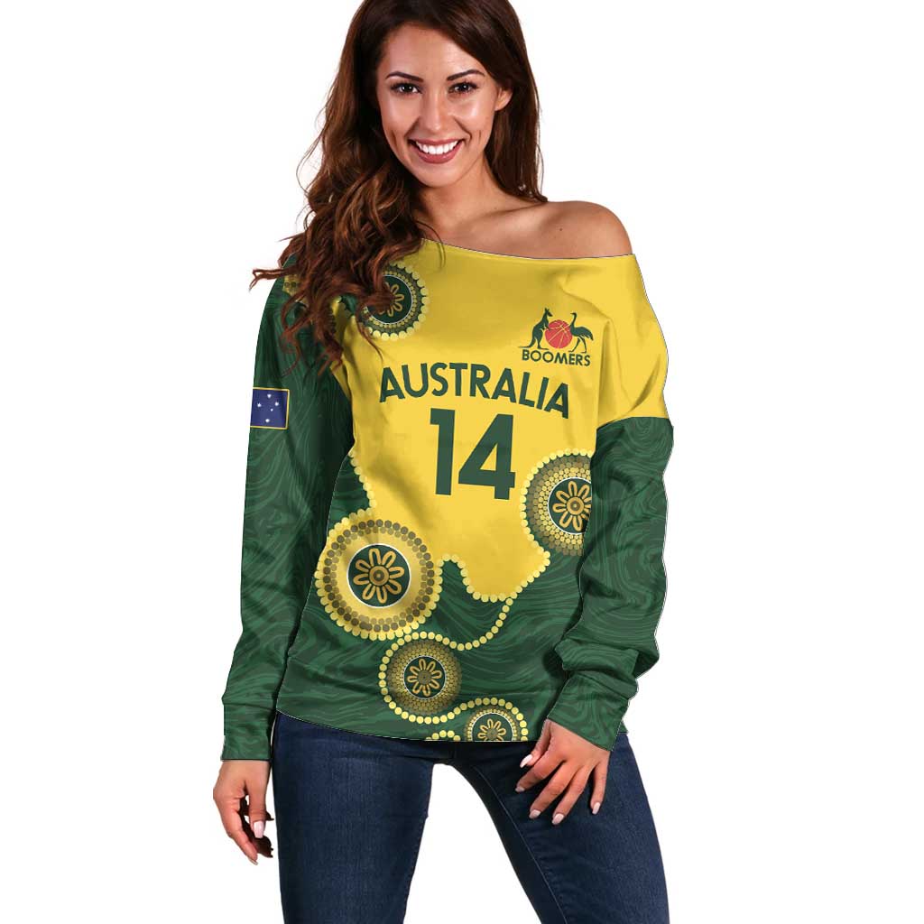 Custom Australia Boomers Off Shoulder Sweater Aboriginal With Marble Pattern - Yellow