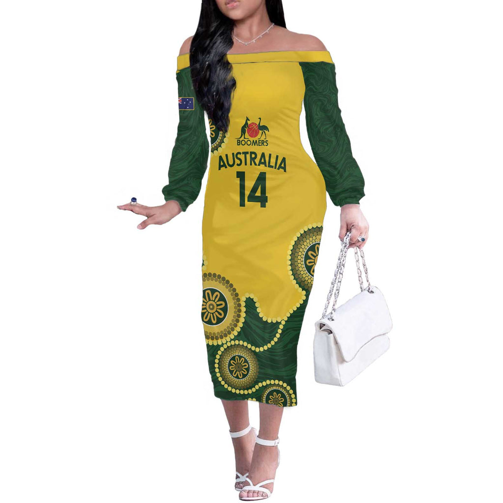 Custom Australia Boomers Off The Shoulder Long Sleeve Dress Aboriginal With Marble Pattern - Yellow
