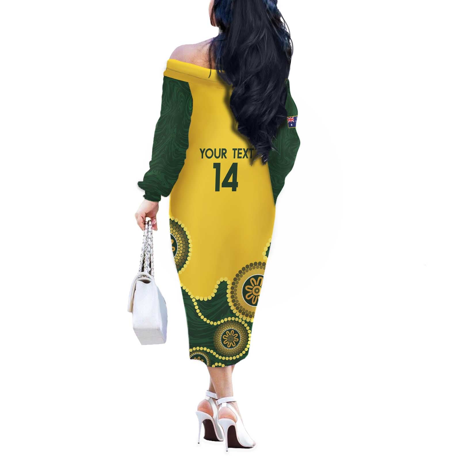 Custom Australia Boomers Off The Shoulder Long Sleeve Dress Aboriginal With Marble Pattern - Yellow