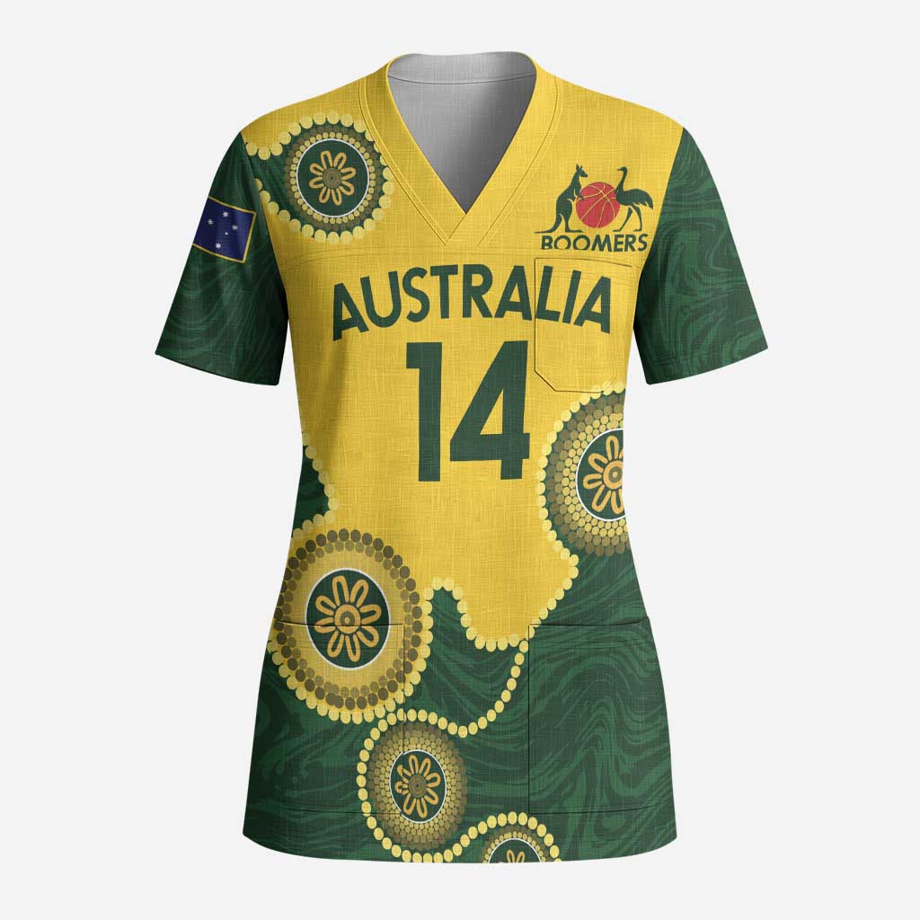 Custom Australia Boomers Scrub Top Aboriginal With Marble Pattern - Yellow - Aussie Hoodie