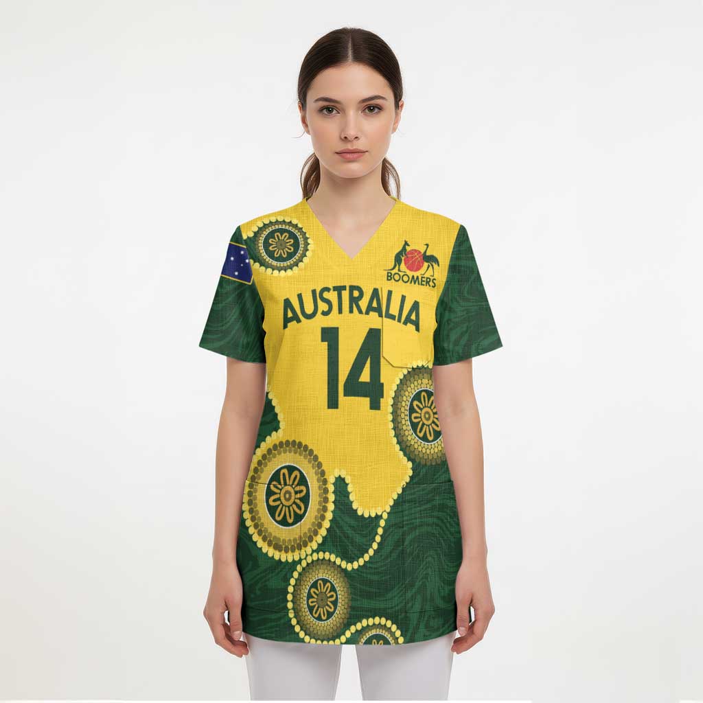 Custom Australia Boomers Scrub Top Aboriginal With Marble Pattern - Yellow - Aussie Hoodie
