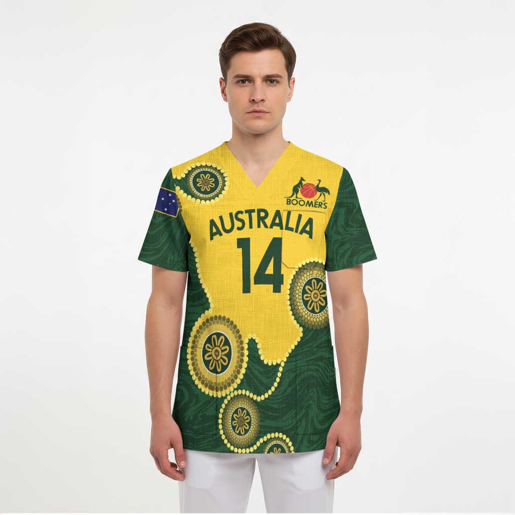 Custom Australia Boomers Scrub Top Aboriginal With Marble Pattern - Yellow - Aussie Hoodie