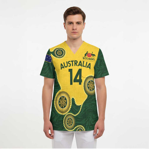 Custom Australia Boomers Scrub Top Aboriginal With Marble Pattern - Yellow - Aussie Hoodie