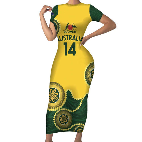 Custom Australia Boomers Short Sleeve Bodycon Dress Aboriginal With Marble Pattern - Yellow