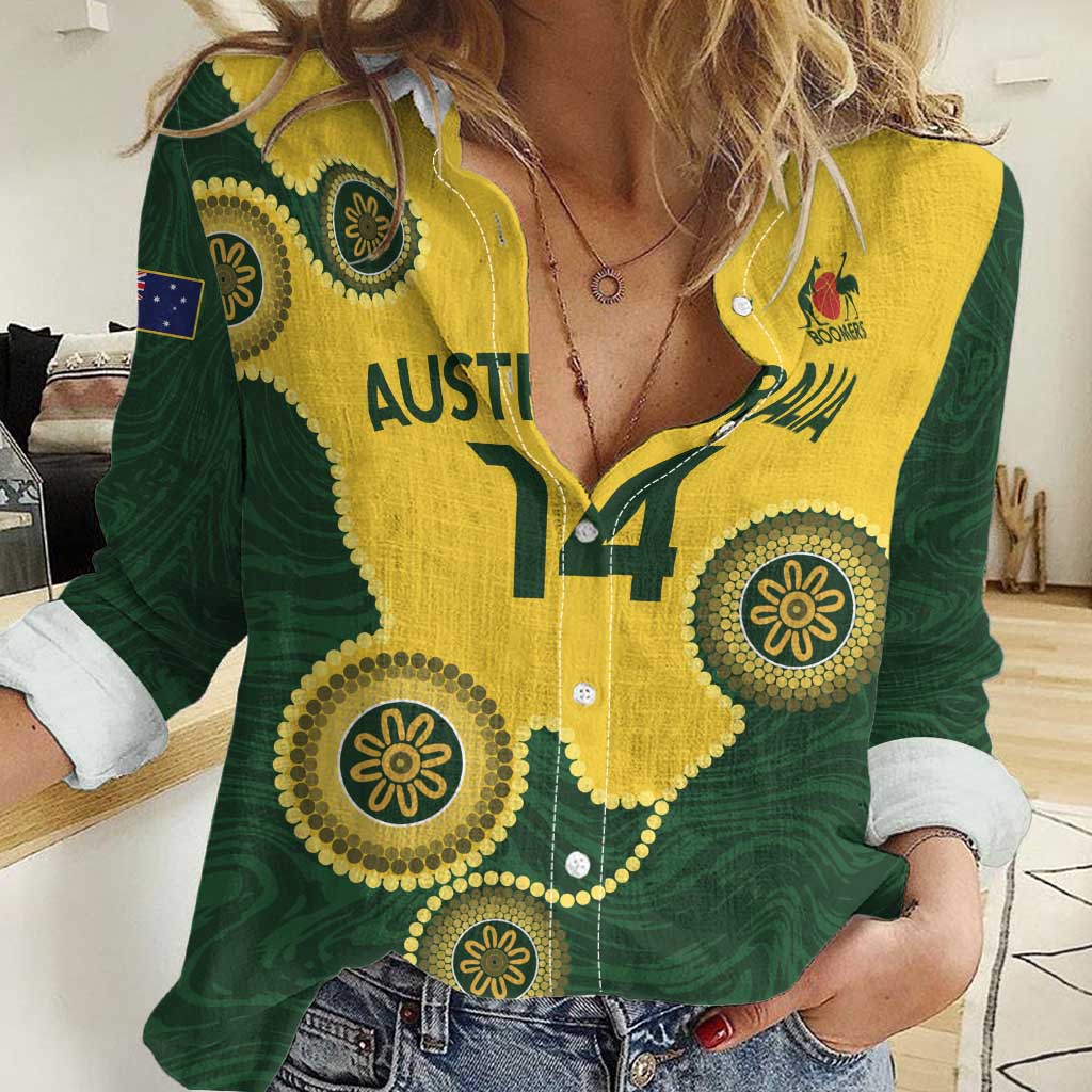 Custom Australia Boomers Women Casual Shirt Aboriginal With Marble Pattern - Yellow