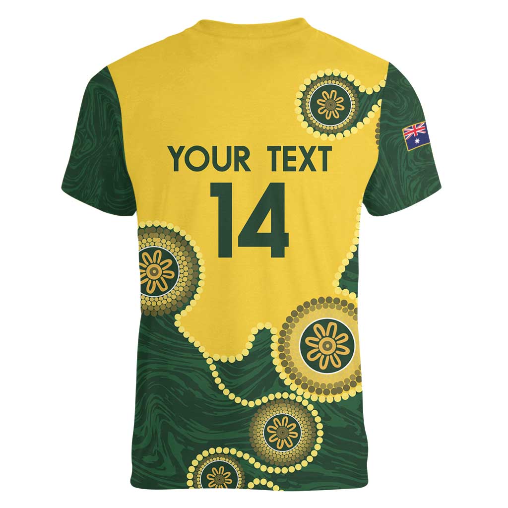 Custom Australia Boomers Women V-Neck T-Shirt Aboriginal With Marble Pattern - Yellow