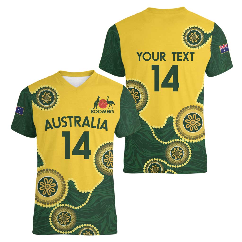 Custom Australia Boomers Women V-Neck T-Shirt Aboriginal With Marble Pattern - Yellow