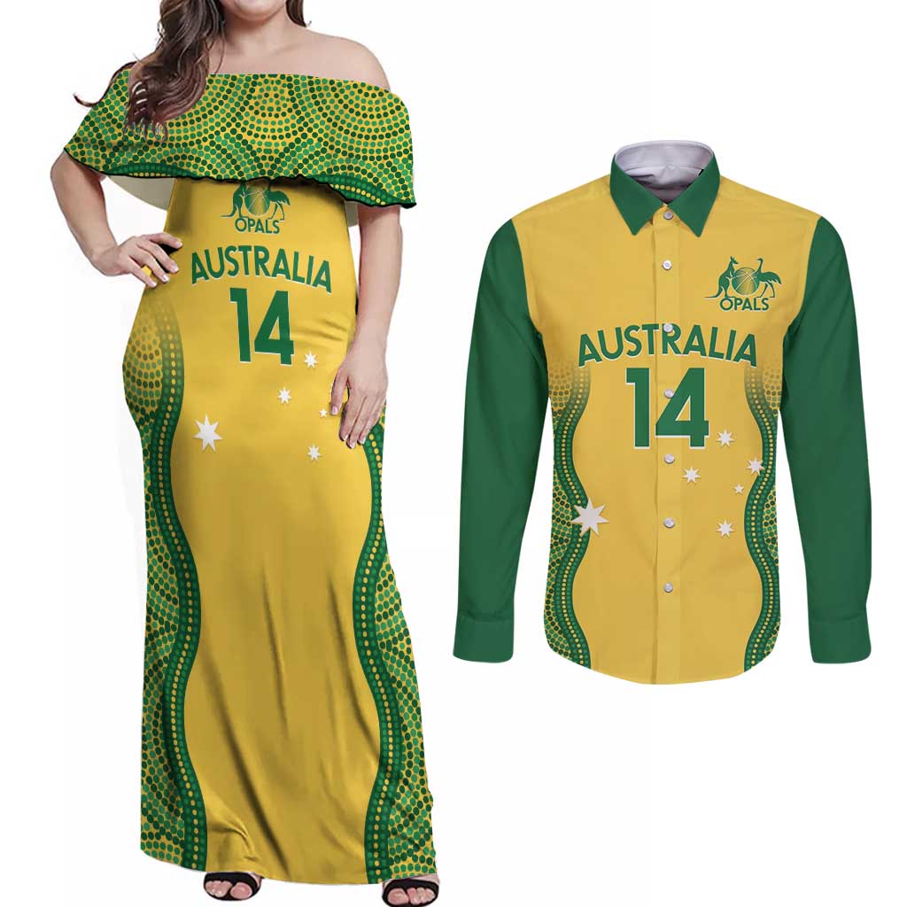 Custom Australia Opals Couples Matching Off Shoulder Maxi Dress and Long Sleeve Button Shirt Indigenous Art