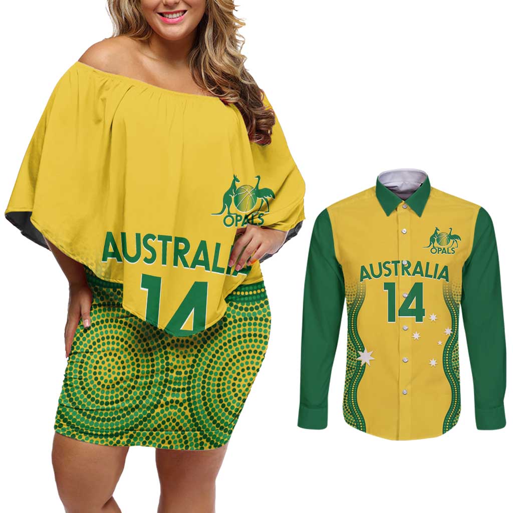 Custom Australia Opals Couples Matching Off Shoulder Short Dress and Long Sleeve Button Shirt Indigenous Art