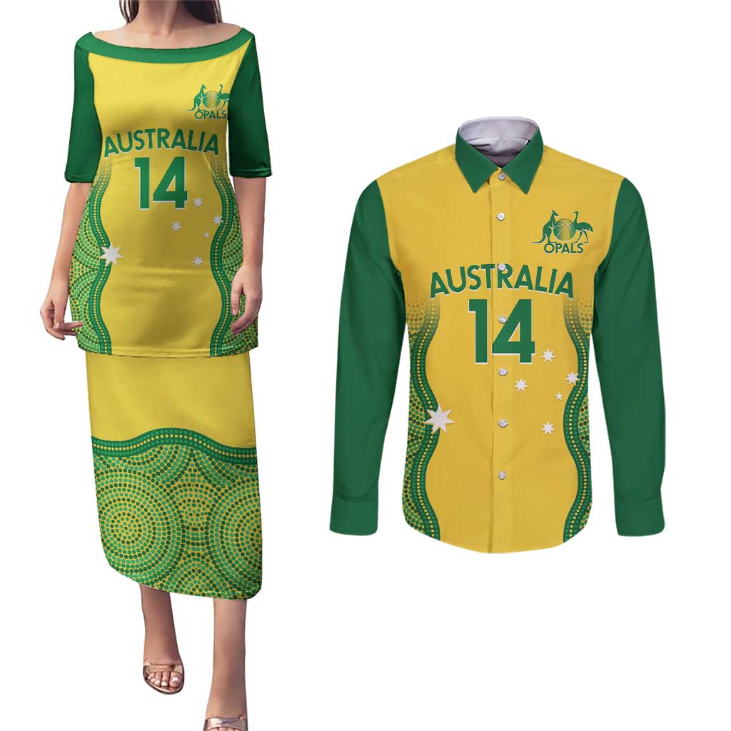 Custom Australia Opals Couples Matching Puletasi and Long Sleeve Button Shirt Indigenous Art