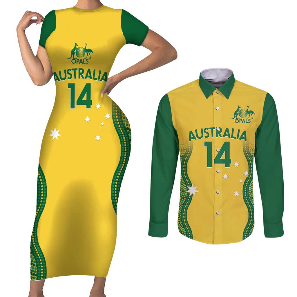 Custom Australia Opals Couples Matching Short Sleeve Bodycon Dress and Long Sleeve Button Shirt Indigenous Art