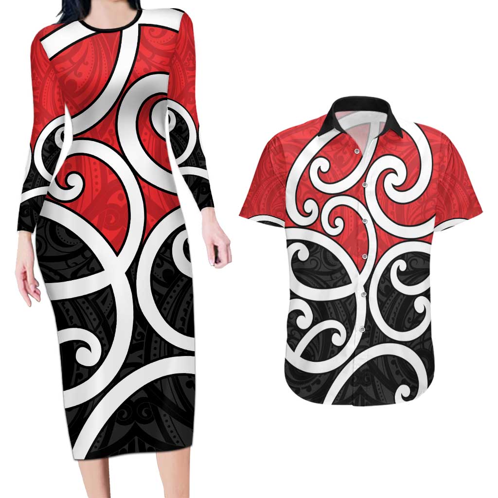 New Zealand Couples Matching Long Sleeve Bodycon Dress and Hawaiian Shirt Maori Koru Tino Rangatiratanga Color - Aussie Hoodie