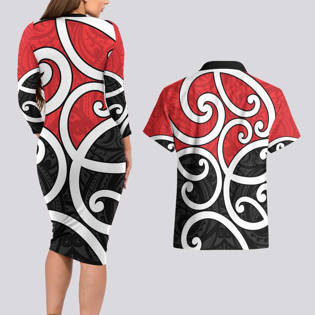 New Zealand Couples Matching Long Sleeve Bodycon Dress and Hawaiian Shirt Maori Koru Tino Rangatiratanga Color - Aussie Hoodie