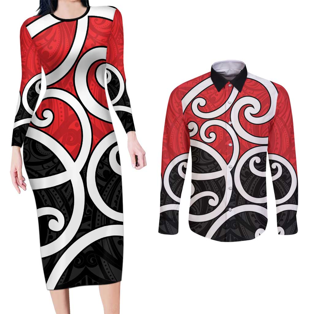 New Zealand Couples Matching Long Sleeve Bodycon Dress and Long Sleeve Button Shirt Maori Koru Tino Rangatiratanga Color - Aussie Hoodie