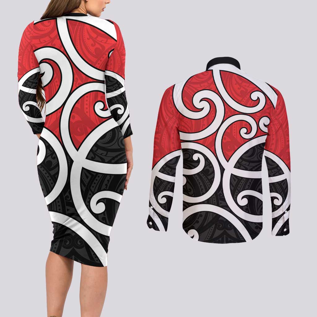New Zealand Couples Matching Long Sleeve Bodycon Dress and Long Sleeve Button Shirt Maori Koru Tino Rangatiratanga Color - Aussie Hoodie
