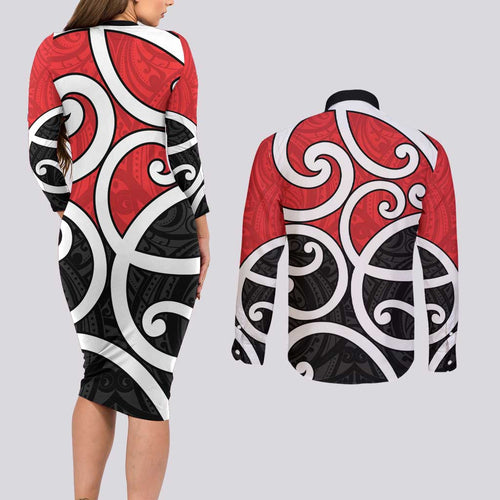 New Zealand Couples Matching Long Sleeve Bodycon Dress and Long Sleeve Button Shirt Maori Koru Tino Rangatiratanga Color - Aussie Hoodie