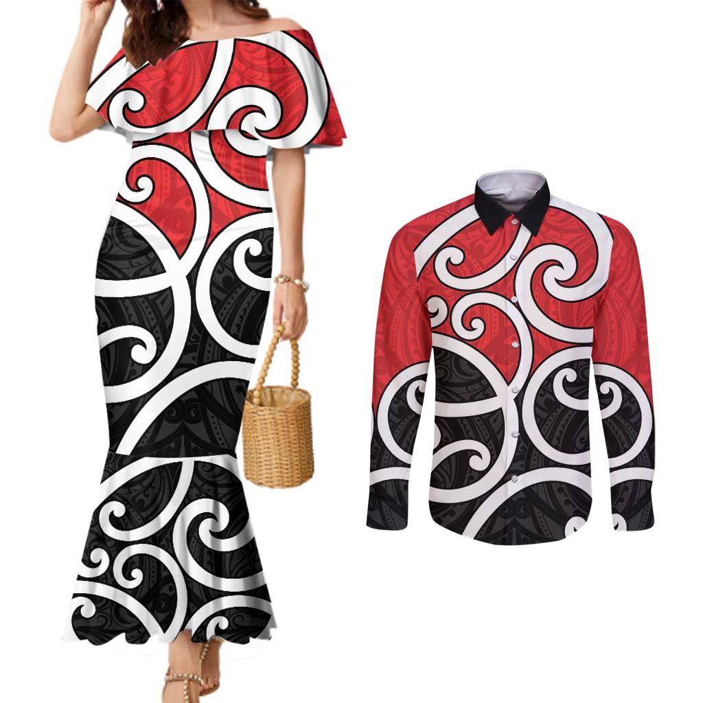 New Zealand Couples Matching Mermaid Dress and Long Sleeve Button Shirt Maori Koru Tino Rangatiratanga Color - Aussie Hoodie