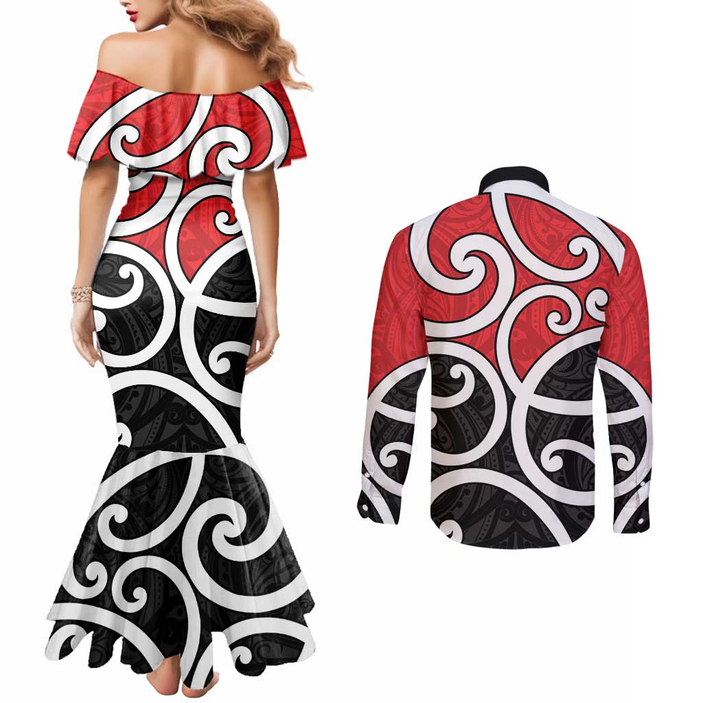 New Zealand Couples Matching Mermaid Dress and Long Sleeve Button Shirt Maori Koru Tino Rangatiratanga Color - Aussie Hoodie
