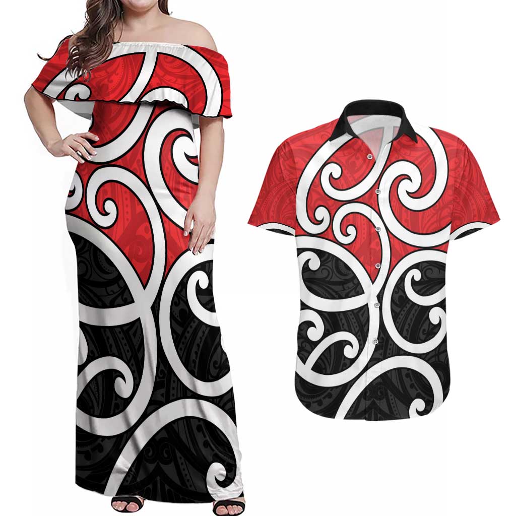 New Zealand Couples Matching Off Shoulder Maxi Dress and Hawaiian Shirt Maori Koru Tino Rangatiratanga Color - Aussie Hoodie