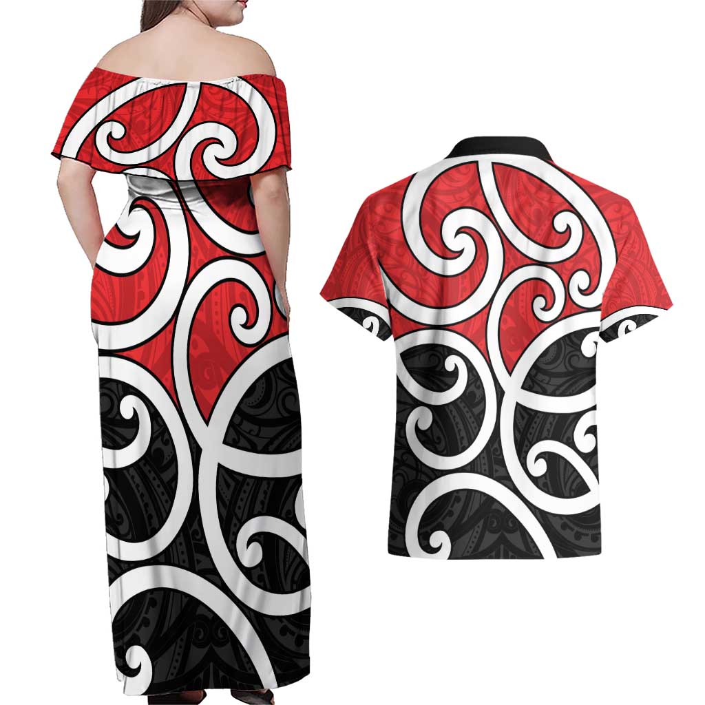 New Zealand Couples Matching Off Shoulder Maxi Dress and Hawaiian Shirt Maori Koru Tino Rangatiratanga Color - Aussie Hoodie
