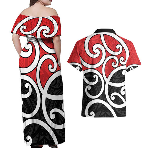 New Zealand Couples Matching Off Shoulder Maxi Dress and Hawaiian Shirt Maori Koru Tino Rangatiratanga Color - Aussie Hoodie