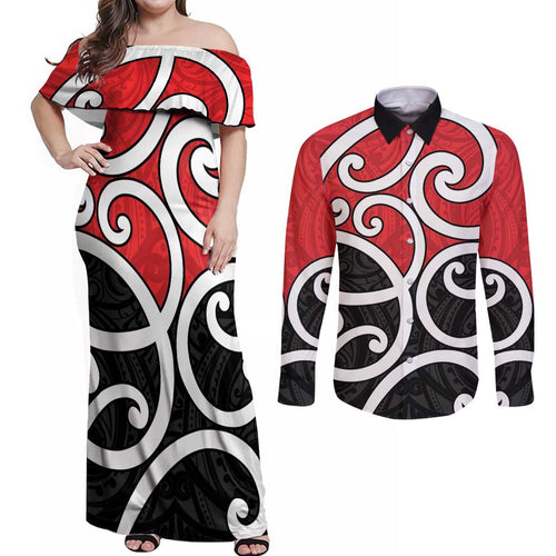 New Zealand Couples Matching Off Shoulder Maxi Dress and Long Sleeve Button Shirt Maori Koru Tino Rangatiratanga Color - Aussie Hoodie