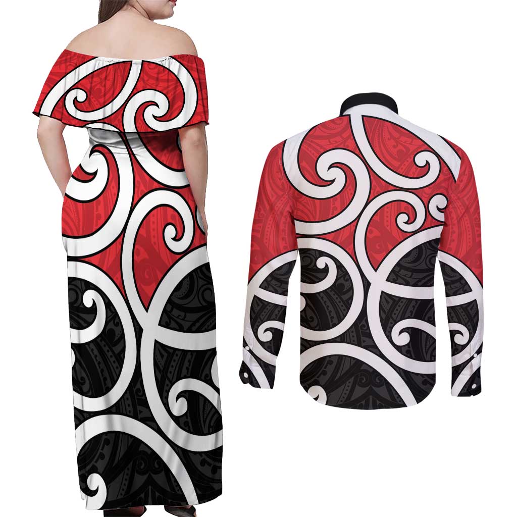 New Zealand Couples Matching Off Shoulder Maxi Dress and Long Sleeve Button Shirt Maori Koru Tino Rangatiratanga Color - Aussie Hoodie