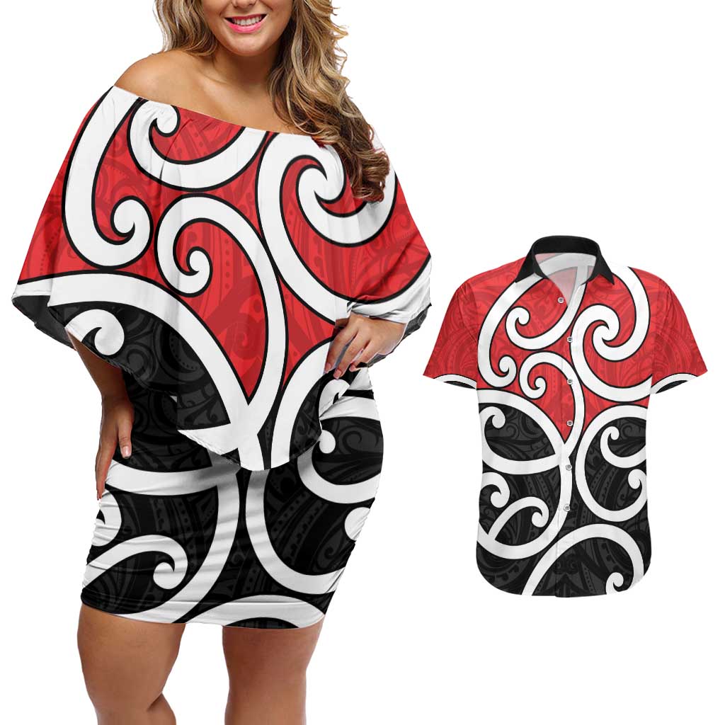 New Zealand Couples Matching Off Shoulder Short Dress and Hawaiian Shirt Maori Koru Tino Rangatiratanga Color - Aussie Hoodie