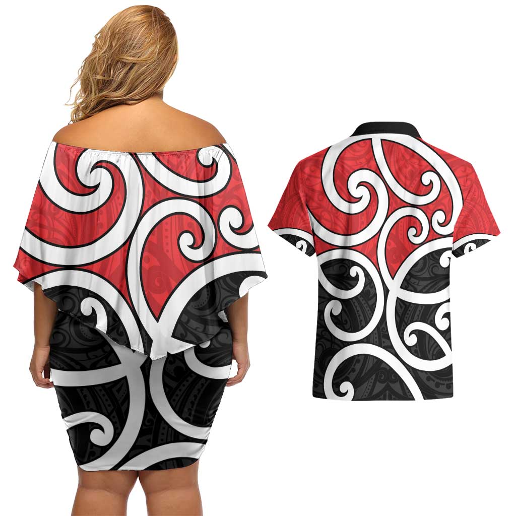 New Zealand Couples Matching Off Shoulder Short Dress and Hawaiian Shirt Maori Koru Tino Rangatiratanga Color - Aussie Hoodie