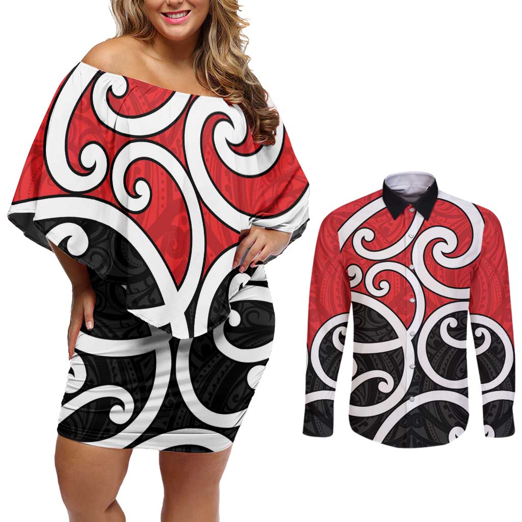 New Zealand Couples Matching Off Shoulder Short Dress and Long Sleeve Button Shirt Maori Koru Tino Rangatiratanga Color - Aussie Hoodie