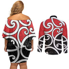 New Zealand Couples Matching Off Shoulder Short Dress and Long Sleeve Button Shirt Maori Koru Tino Rangatiratanga Color - Aussie Hoodie