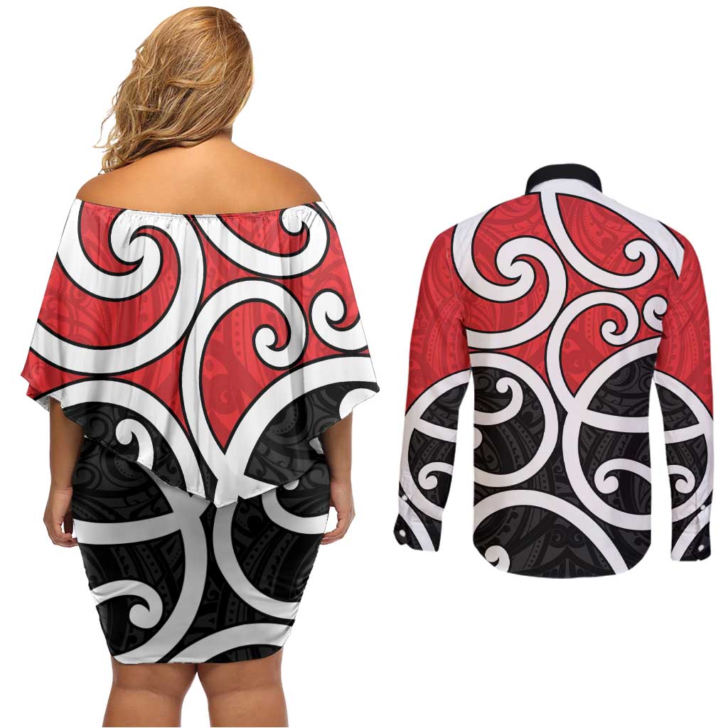 New Zealand Couples Matching Off Shoulder Short Dress and Long Sleeve Button Shirt Maori Koru Tino Rangatiratanga Color - Aussie Hoodie