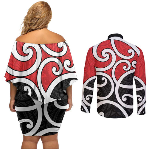 New Zealand Couples Matching Off Shoulder Short Dress and Long Sleeve Button Shirt Maori Koru Tino Rangatiratanga Color - Aussie Hoodie
