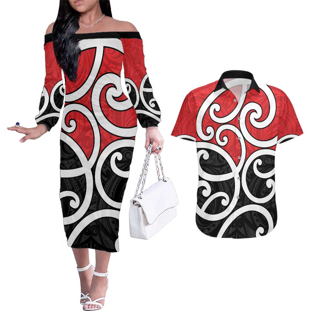 New Zealand Couples Matching Off The Shoulder Long Sleeve Dress and Hawaiian Shirt Maori Koru Tino Rangatiratanga Color - Aussie Hoodie