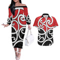 New Zealand Couples Matching Off The Shoulder Long Sleeve Dress and Hawaiian Shirt Maori Koru Tino Rangatiratanga Color - Aussie Hoodie