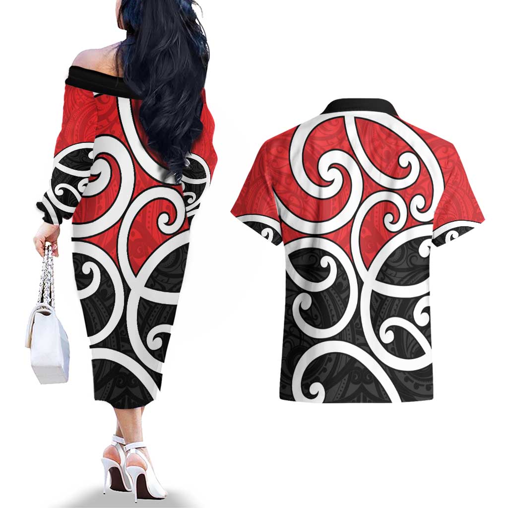 New Zealand Couples Matching Off The Shoulder Long Sleeve Dress and Hawaiian Shirt Maori Koru Tino Rangatiratanga Color - Aussie Hoodie