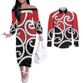 New Zealand Couples Matching Off The Shoulder Long Sleeve Dress and Long Sleeve Button Shirt Maori Koru Tino Rangatiratanga Color - Aussie Hoodie