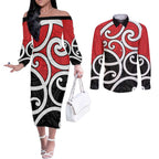 New Zealand Couples Matching Off The Shoulder Long Sleeve Dress and Long Sleeve Button Shirt Maori Koru Tino Rangatiratanga Color - Aussie Hoodie