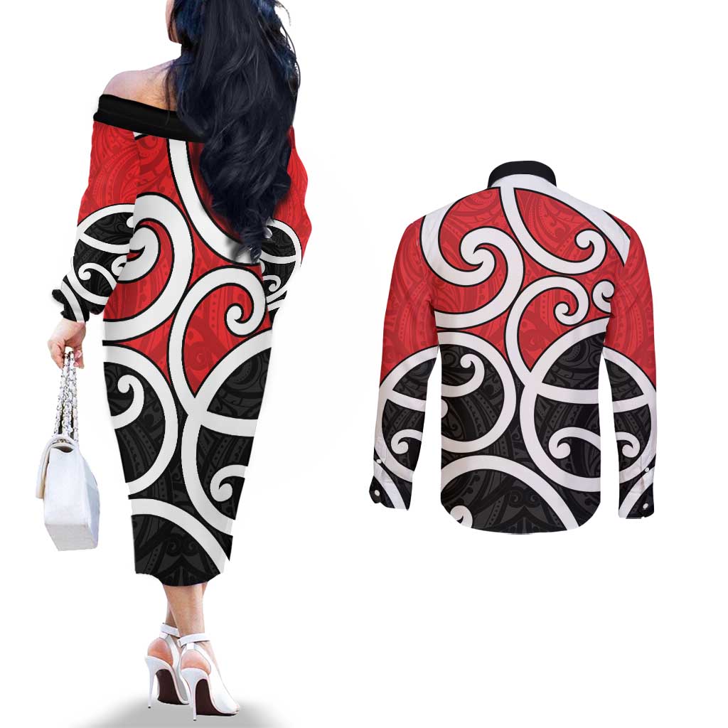 New Zealand Couples Matching Off The Shoulder Long Sleeve Dress and Long Sleeve Button Shirt Maori Koru Tino Rangatiratanga Color - Aussie Hoodie