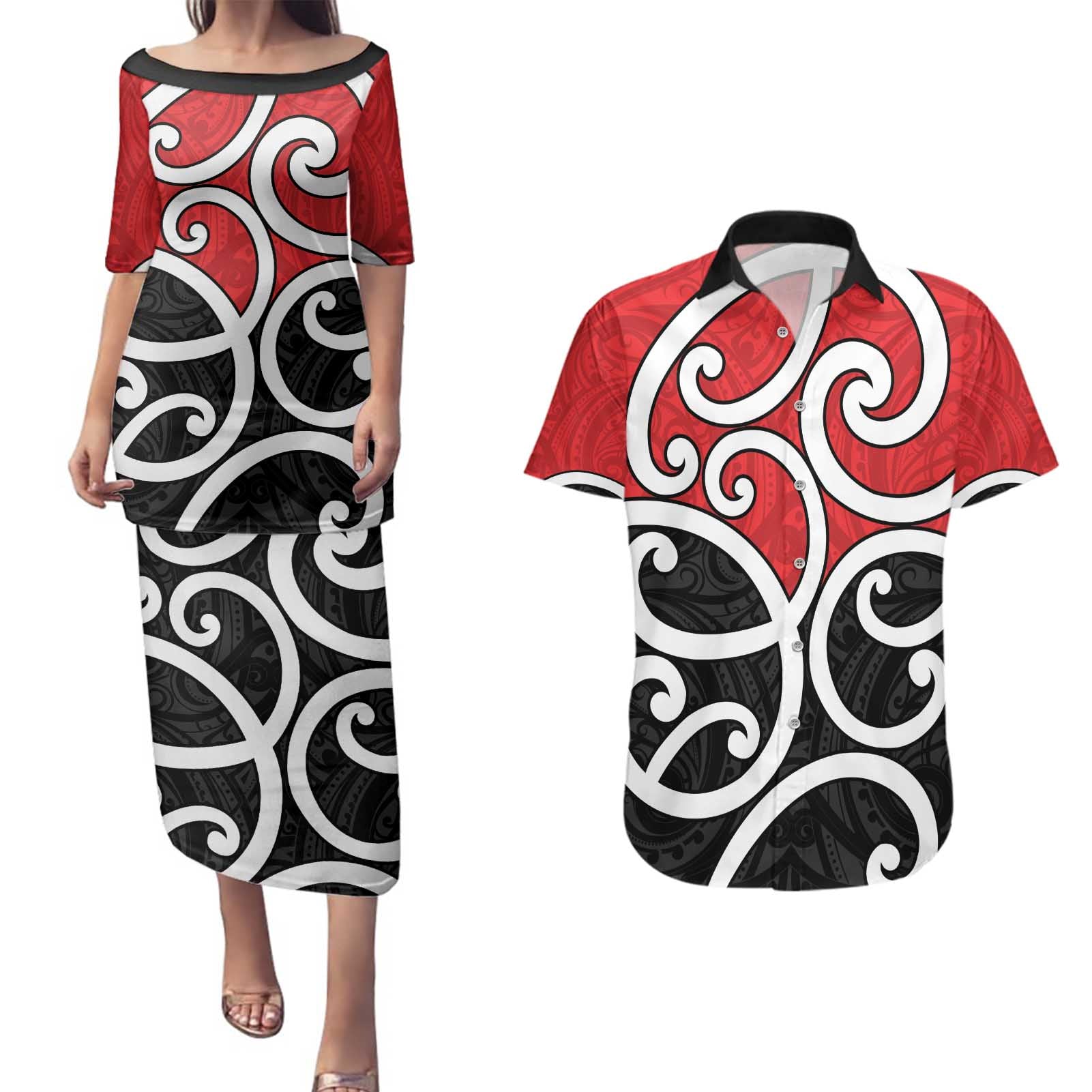 New Zealand Couples Matching Puletasi and Hawaiian Shirt Maori Koru Tino Rangatiratanga Color - Aussie Hoodie