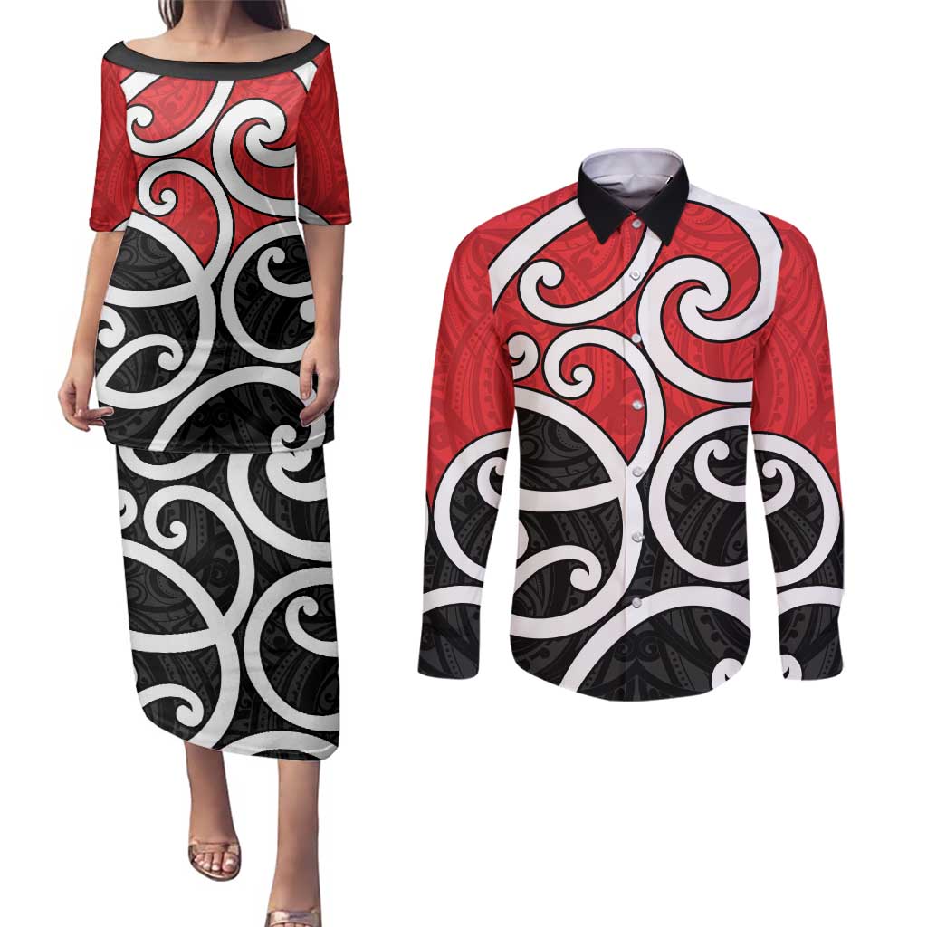 New Zealand Couples Matching Puletasi and Long Sleeve Button Shirt Maori Koru Tino Rangatiratanga Color - Aussie Hoodie