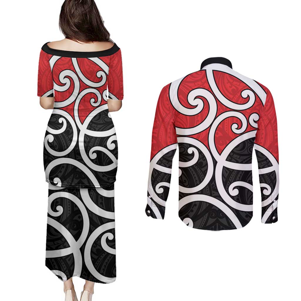 New Zealand Couples Matching Puletasi and Long Sleeve Button Shirt Maori Koru Tino Rangatiratanga Color - Aussie Hoodie