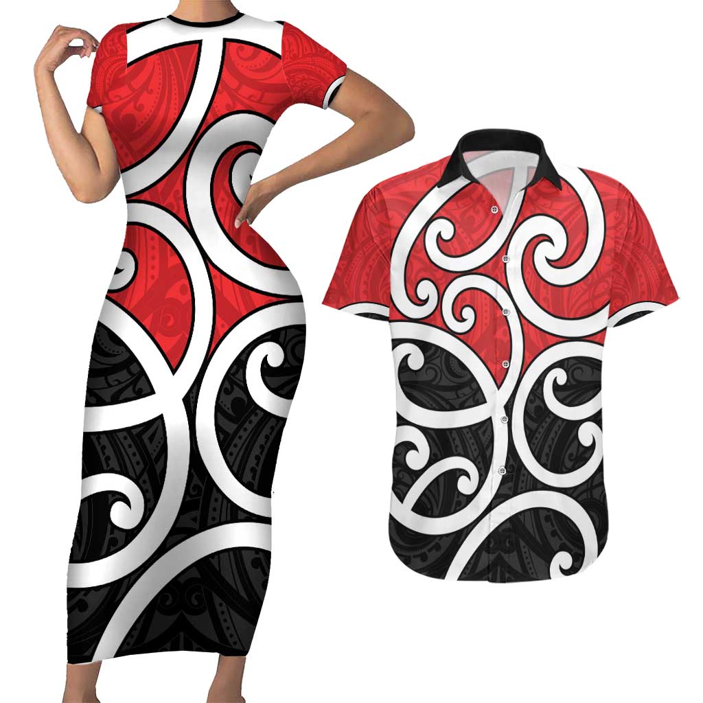 New Zealand Couples Matching Short Sleeve Bodycon Dress and Hawaiian Shirt Maori Koru Tino Rangatiratanga Color - Aussie Hoodie
