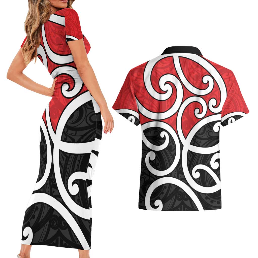 New Zealand Couples Matching Short Sleeve Bodycon Dress and Hawaiian Shirt Maori Koru Tino Rangatiratanga Color - Aussie Hoodie