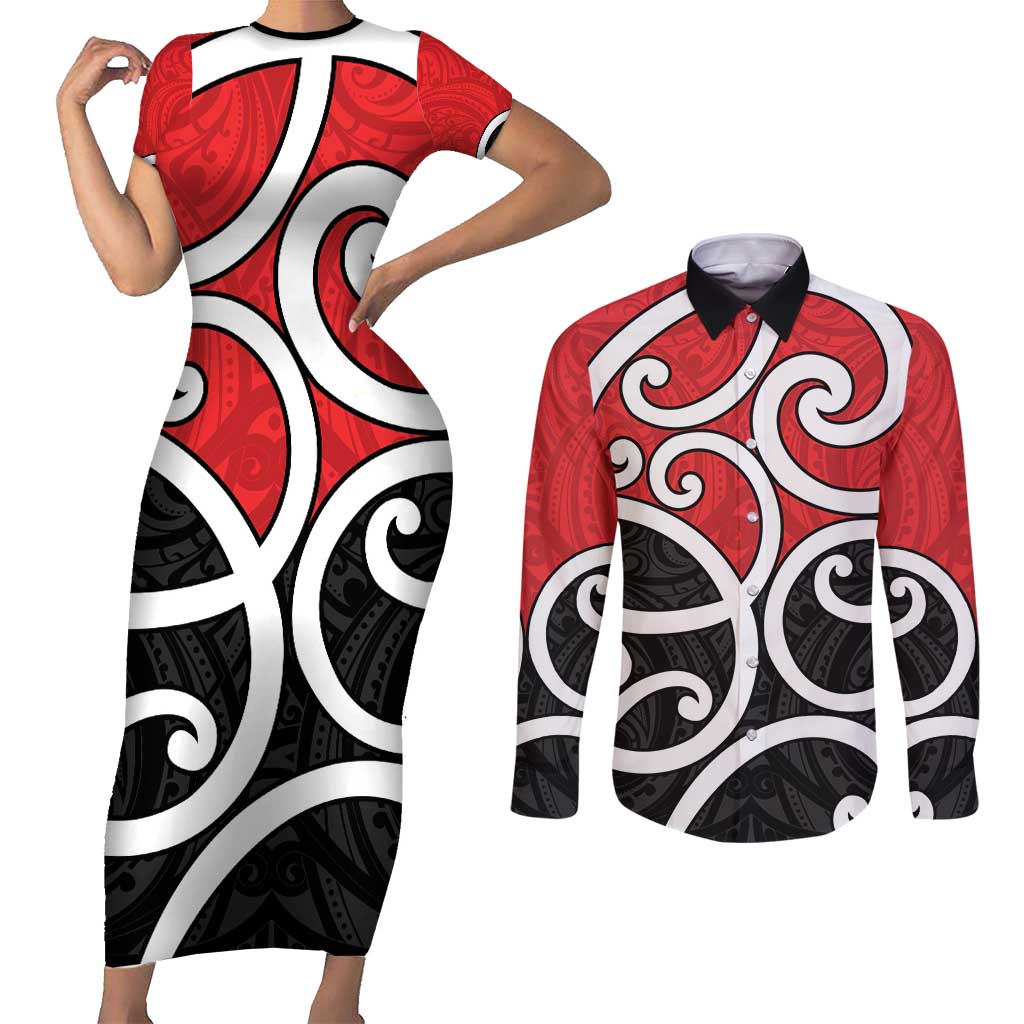 New Zealand Couples Matching Short Sleeve Bodycon Dress and Long Sleeve Button Shirt Maori Koru Tino Rangatiratanga Color - Aussie Hoodie