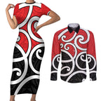 New Zealand Couples Matching Short Sleeve Bodycon Dress and Long Sleeve Button Shirt Maori Koru Tino Rangatiratanga Color - Aussie Hoodie