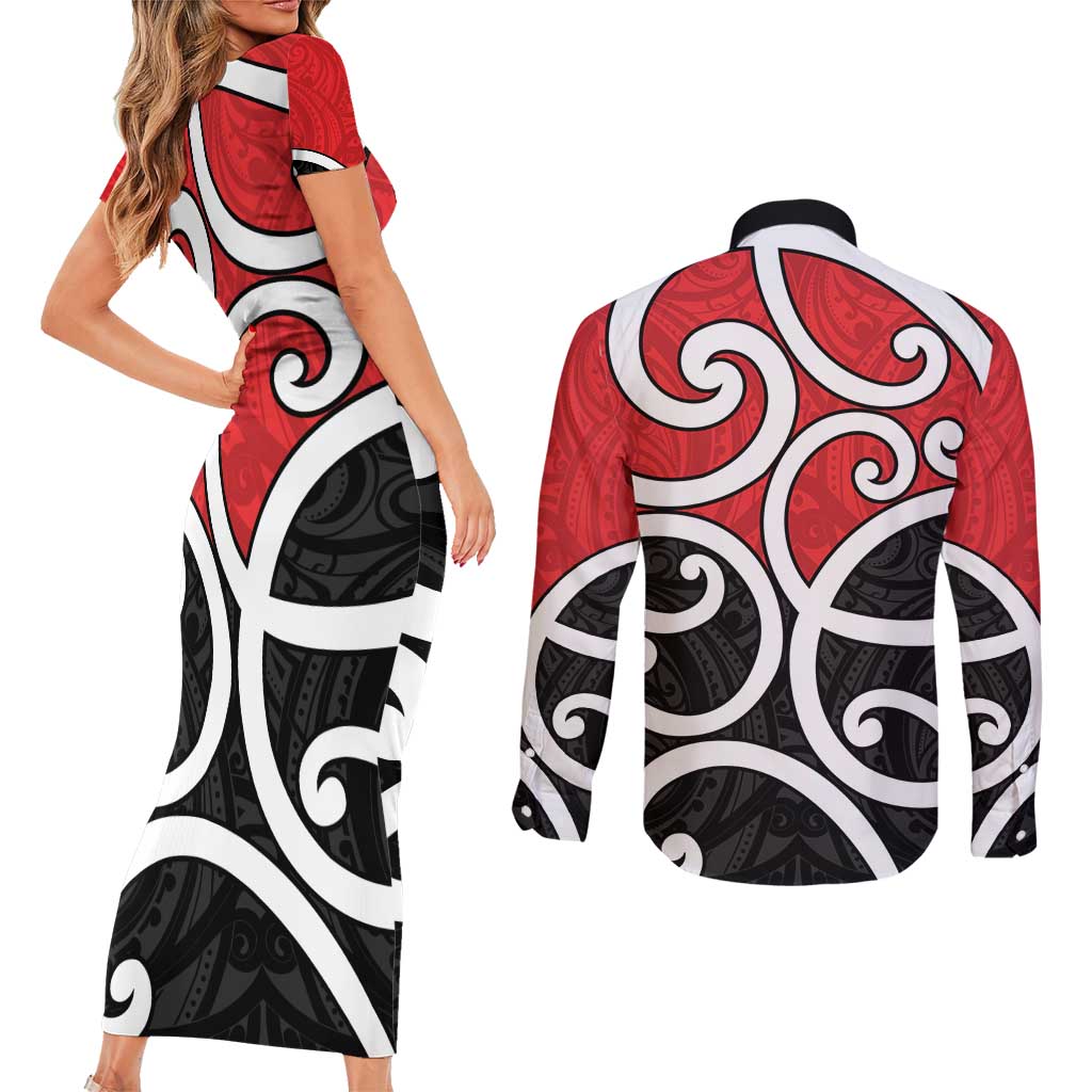 New Zealand Couples Matching Short Sleeve Bodycon Dress and Long Sleeve Button Shirt Maori Koru Tino Rangatiratanga Color - Aussie Hoodie