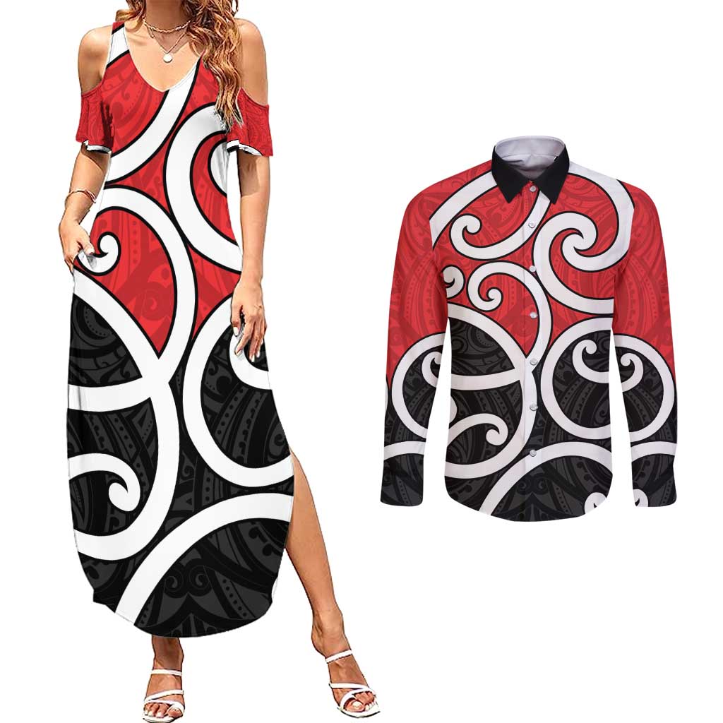 New Zealand Couples Matching Summer Maxi Dress and Long Sleeve Button Shirt Maori Koru Tino Rangatiratanga Color - Aussie Hoodie