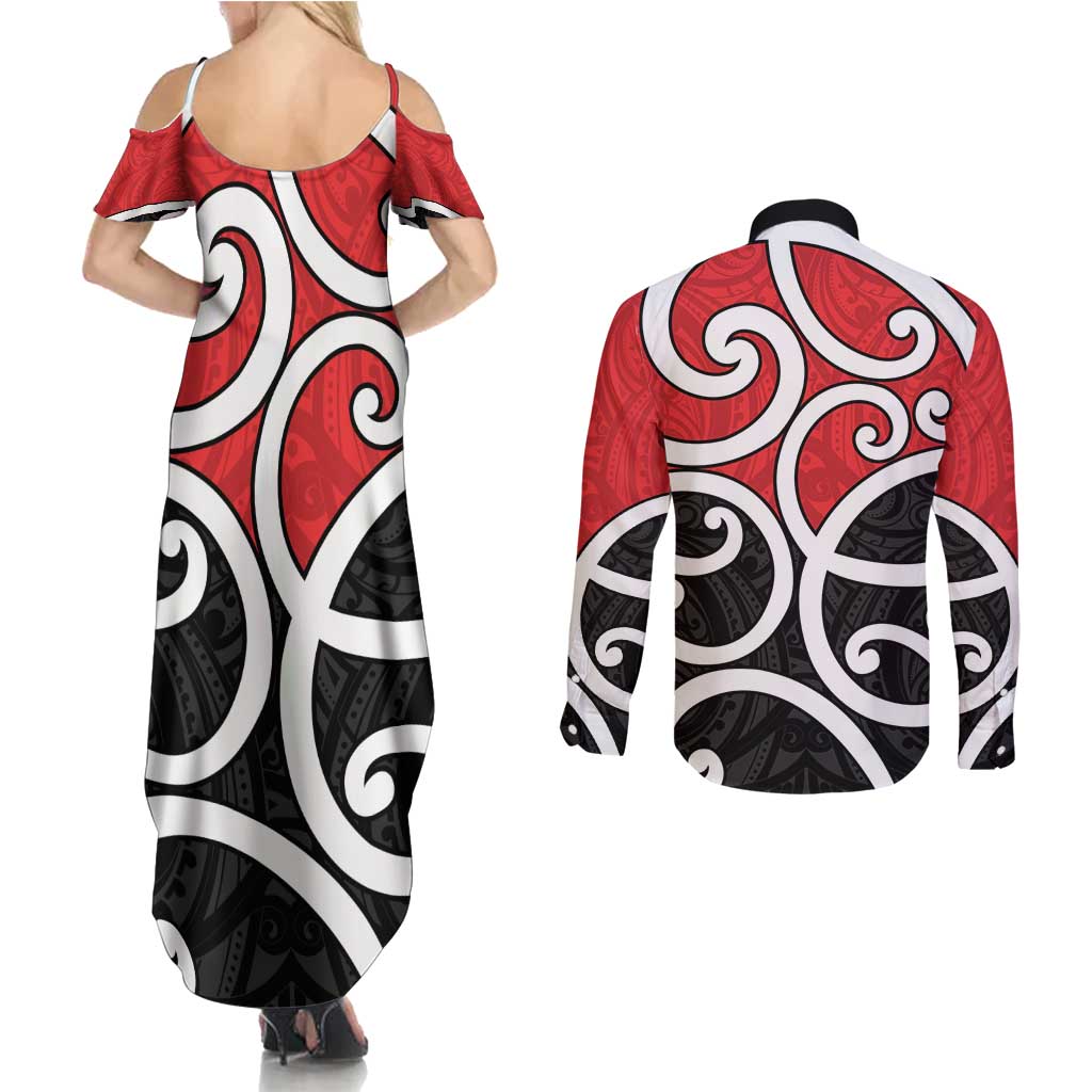 New Zealand Couples Matching Summer Maxi Dress and Long Sleeve Button Shirt Maori Koru Tino Rangatiratanga Color - Aussie Hoodie